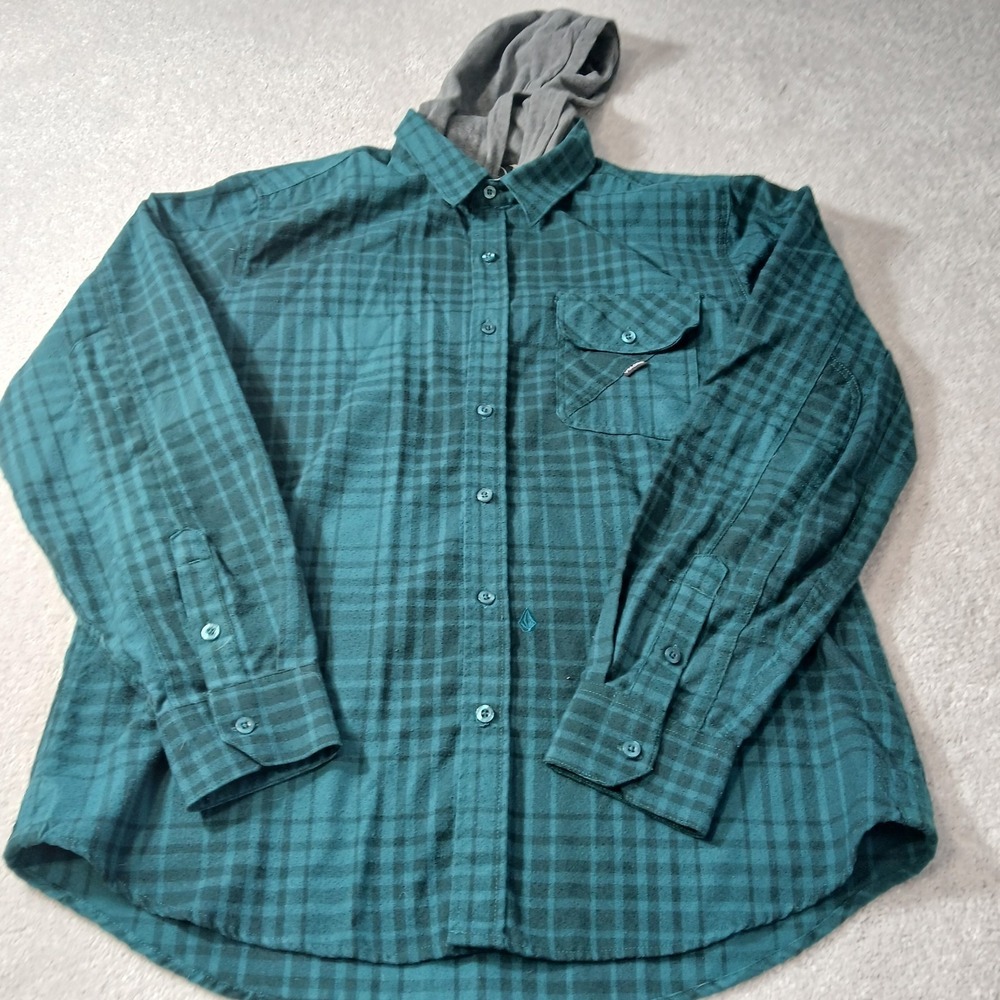 Volcom Hooded Shirt Mens Large Green Plaid Flannel Snap Front Hoodie Skater